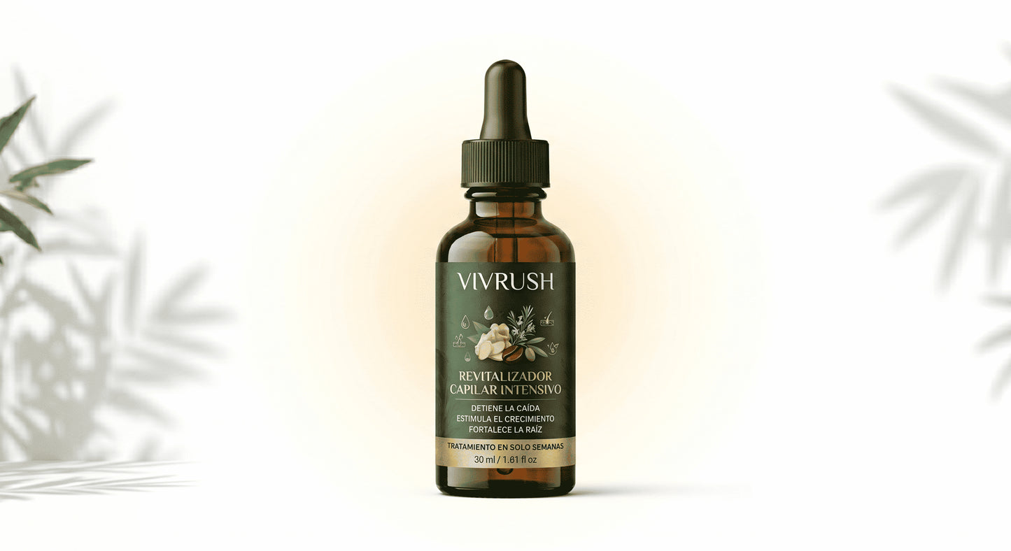 Aceite capilar VIVRUSH Esencia Botánica Sérum Anticaída Intensivo en frasco de 30ml con gotero para cabello saludable.