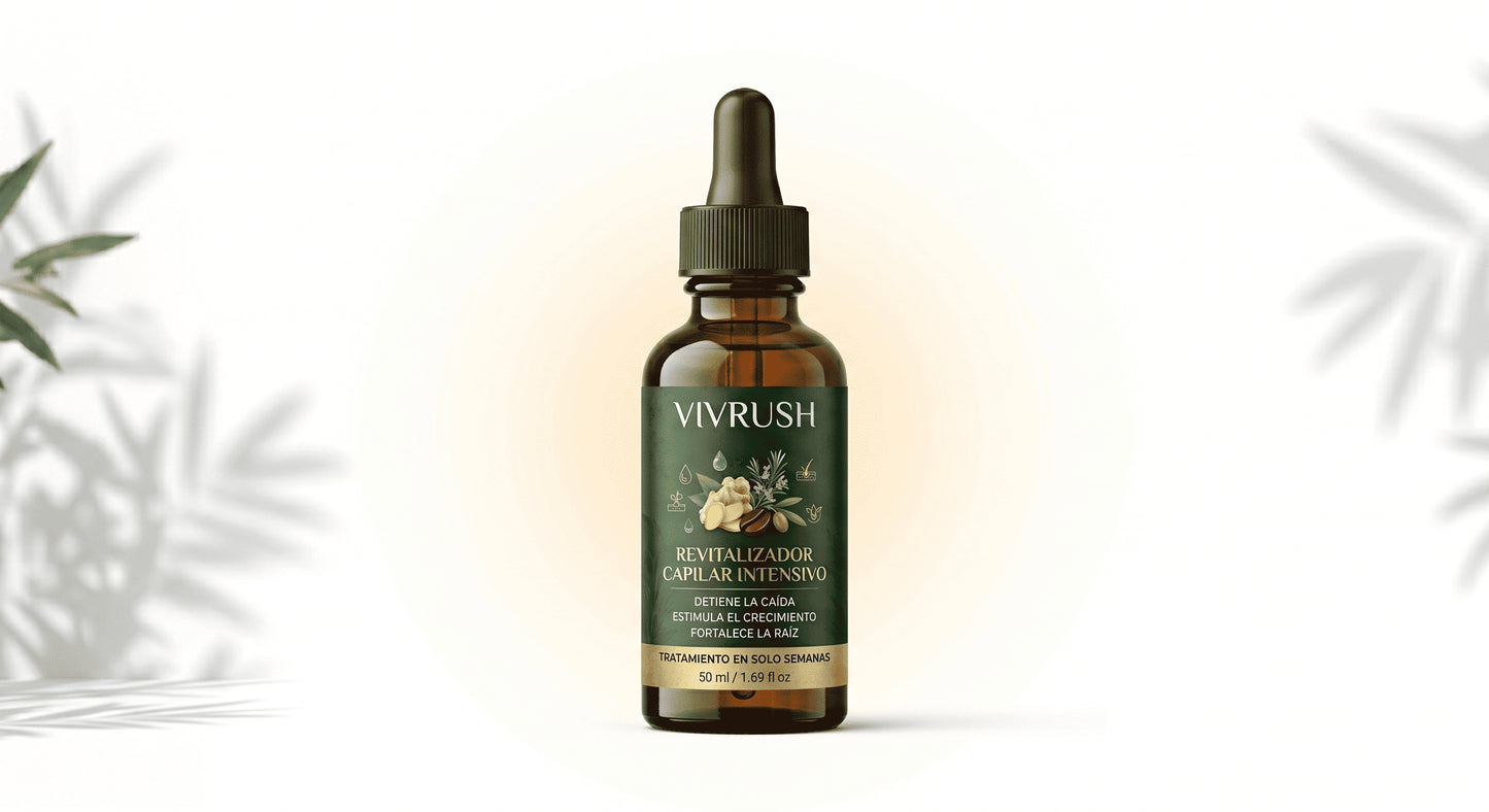 Aceite capilar VIVRUSH Esencia Botánica Sérum Anticaída Intensivo en botella de 50ml, con ingredientes naturales para fortalecer el cabello.