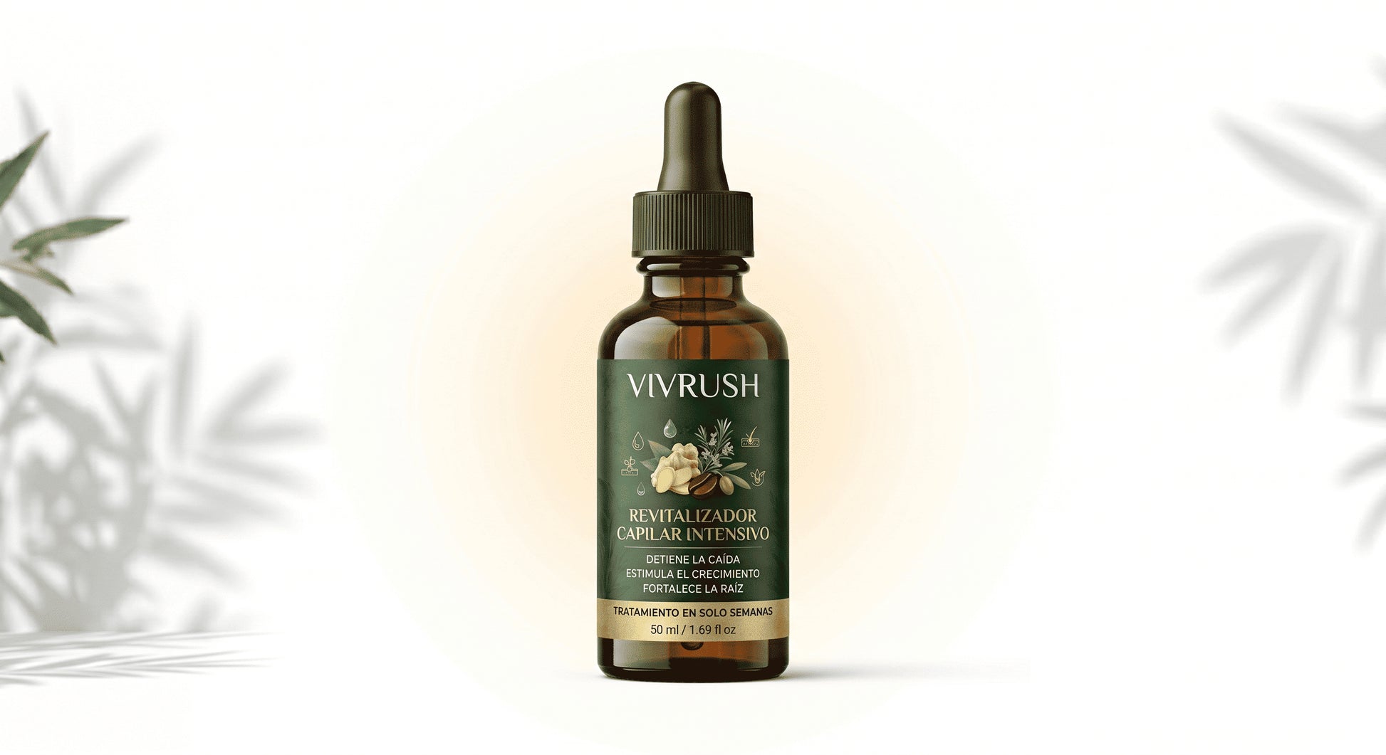 Aceite capilar VIVRUSH Esencia Botánica Sérum Anticaída Intensivo en botella de 50ml, con ingredientes naturales para fortalecer el cabello.