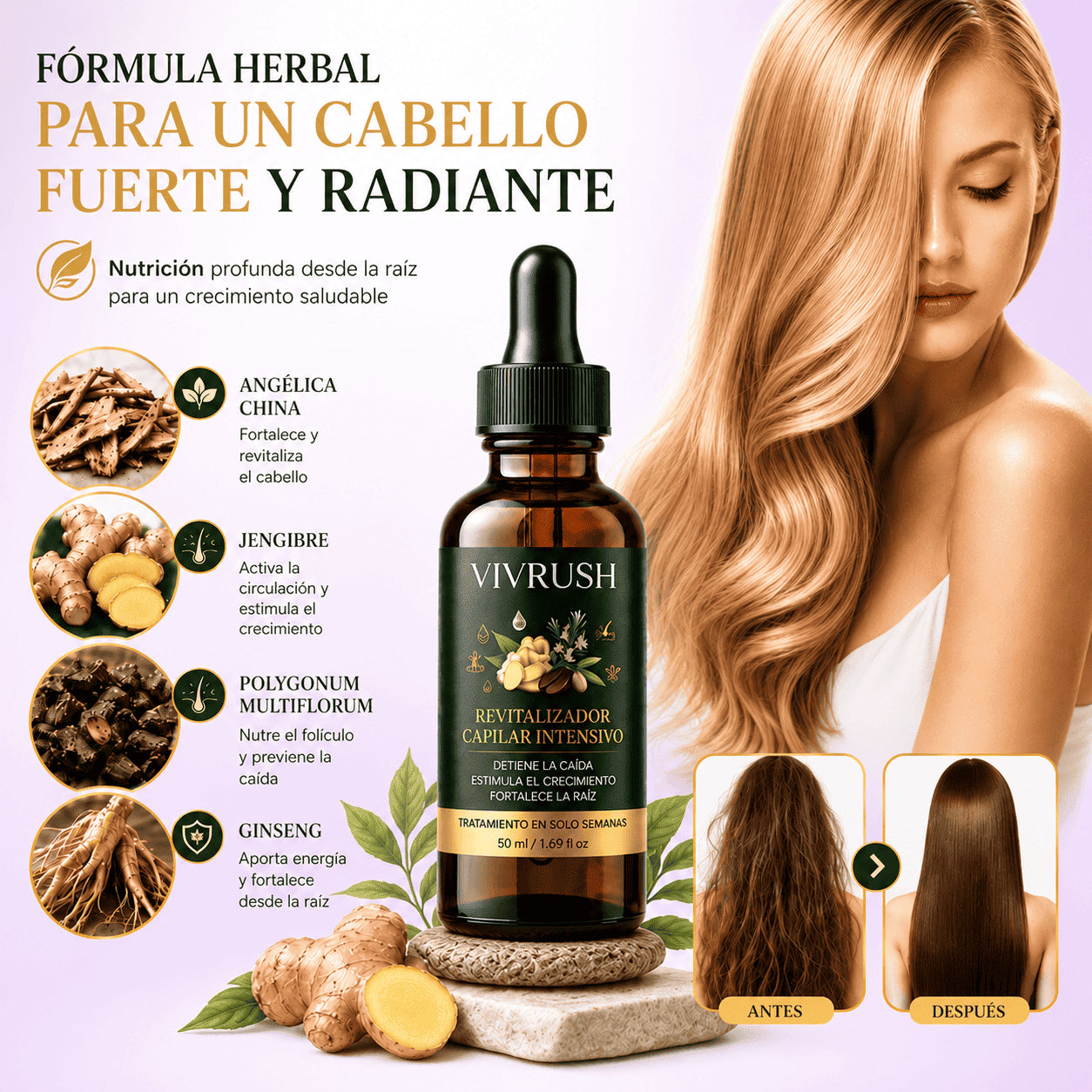Aceite capilar Esencia Botánica de VIVRUSH, sérum intensivo anticaída para fortalecer el cabello y reducir la caída.