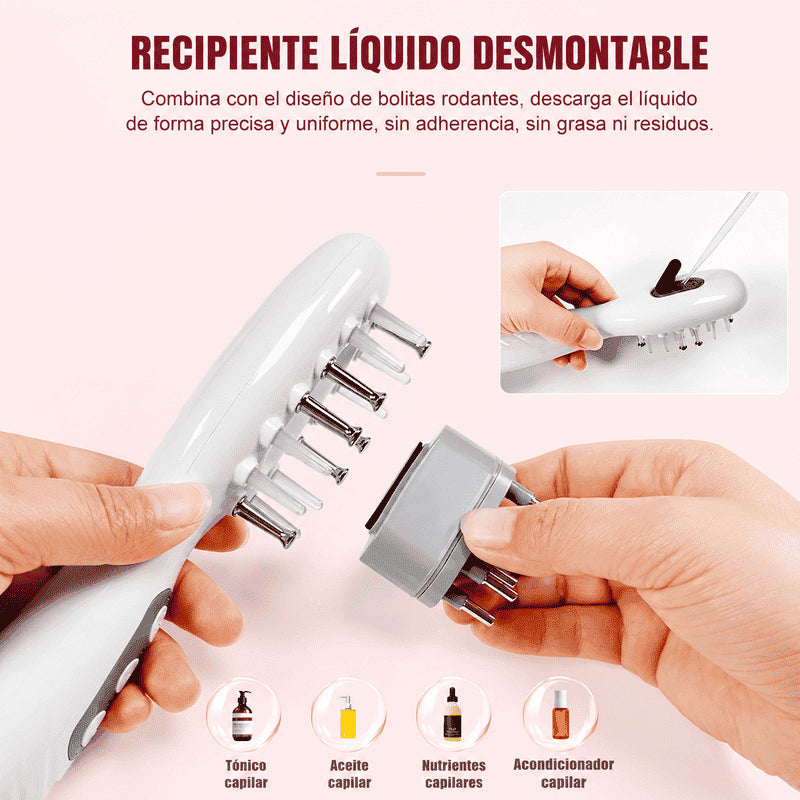 Aplicador y intensificador capilar VIVRUSH V1 con LED, EMS y masajeador para serums y tónicos capilares, en envase de color plateado.