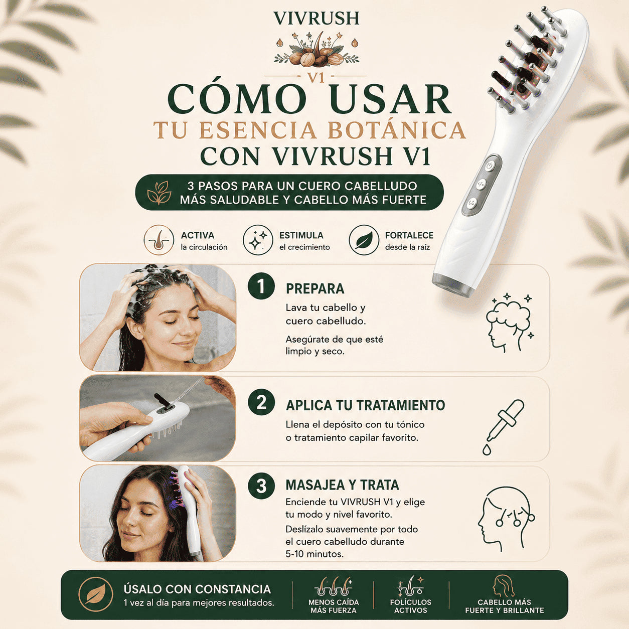 Aceite capilar VIVRUSH Esencia Botánica Sérum Anticaída Intensivo con aplicador y botella de aceite natural para fortalecer el cabello.