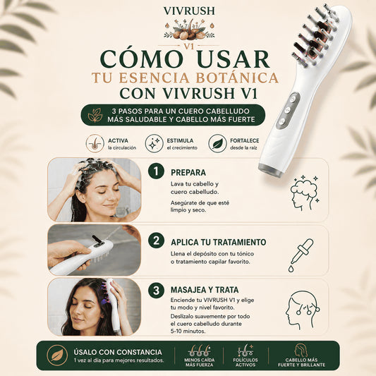 Aceite capilar VIVRUSH Esencia Botánica Sérum Anticaída Intensivo con aplicador y botella de aceite natural para fortalecer el cabello.